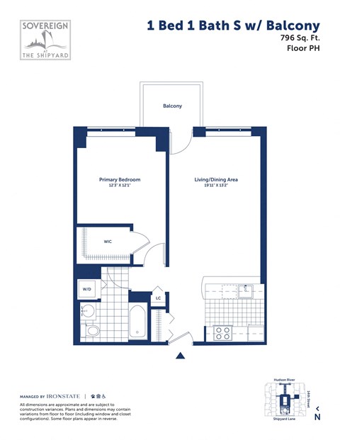 Floor plan for 1 bed, 1 bath, 796 sqft